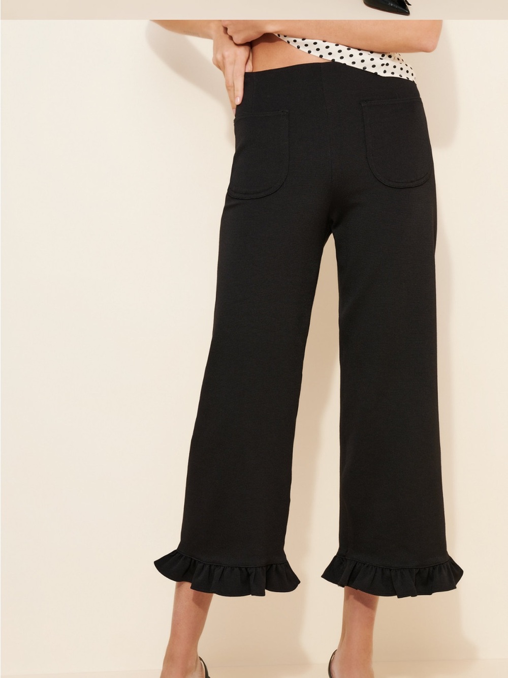 Maeve Colette Black Ruffle-Hem Wide-Leg Pants